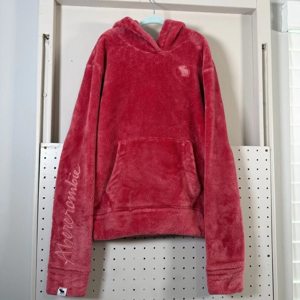Abercrombie Kids Pullover Hoodie Girls Pink Sherpa Fleece Relaxed Winter - 11/12